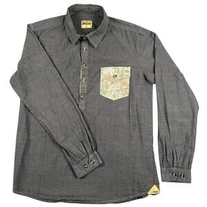 Jiberish Gray Chambray Button Down Shirt Floral Pocket Men’s Large